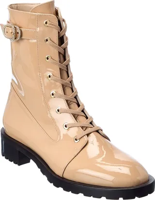 Stuart Weitzman Crystal Buckle Lace-Up Patent Bootie