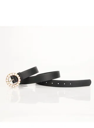 Elegant And Intelligent Ladies Trend Round Pearl Pin Buckle Belt 105cm Black 