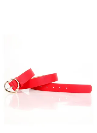 Sweet And Elegant Love Pearl Pin Button Ladies Belt 105cm Red 