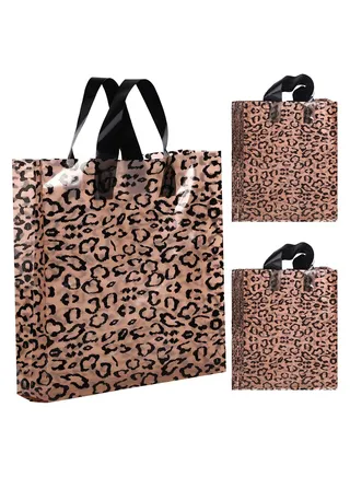 Leopard Print Plastic Bags, Reusable Small Shopping Bags with Handles Lovers Grocery T-Shirt Boutique, Clothes Packaging Gifts 10 x 13 Inch, 50 Pcs 