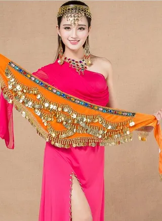 Coins Pendant Diamond Waist Chain Skirt Belly Dance Waist Wrap Belt Skirts Party Rave Costume Orange 