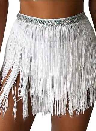 Fringe Waist Chain Skirt Belly Dance Tassel Waist Wrap Belt Skirts Party Rave Costume White 