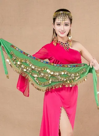 Coins Pendant Diamond Waist Chain Skirt Belly Dance Waist Wrap Belt Skirts Party Rave Costume Green 
