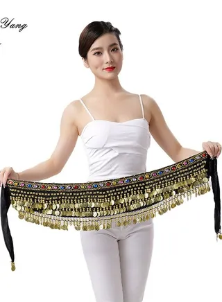 Coins Pendant Diamond Waist Chain Skirt Belly Dance Tassel Waist Wrap Belt Skirts Party Rave Costume Black 