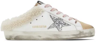 Golden Goose SSENSE Exclusive White & Beige Shearling Super-Star Sabot Sneakers