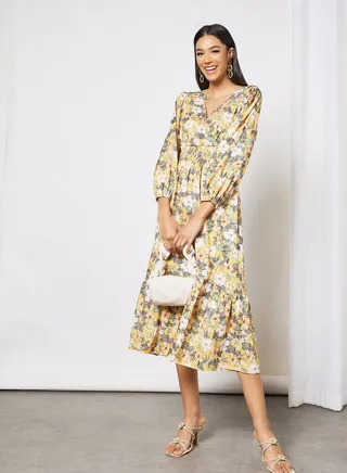 Floral Print V-Neck Dress Yellow 