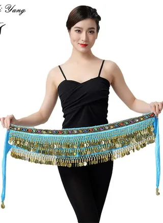 Coins Pendant Diamond Waist Chain Skirt Belly Dance Tassel Waist Wrap Belt Skirts Party Rave Costume Lake Blue 