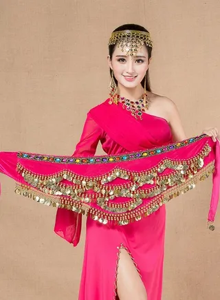 Coins Pendant Diamond Waist Chain Skirt Belly Dance Waist Wrap Belt Skirts Party Rave Costume Rose Pink 