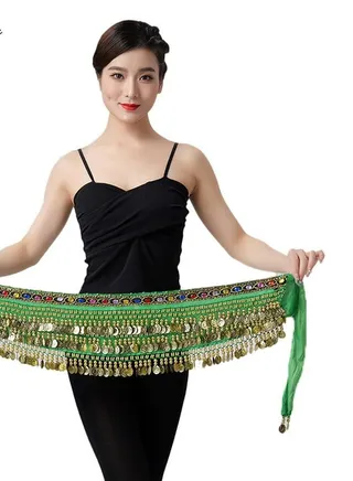 Coins Pendant Diamond Waist Chain Skirt Belly Dance Tassel Waist Wrap Belt Skirts Party Rave Costume Green 