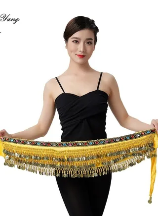 Coins Pendant Diamond Waist Chain Skirt Belly Dance Tassel Waist Wrap Belt Skirts Party Rave Costume Yellow 