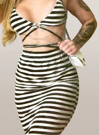 Women's summer dress, short, with a striped pattern, open-chested 