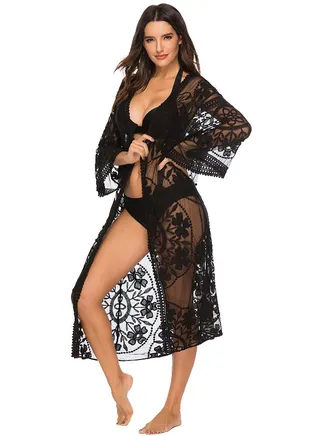 Embroidered Open Front Cover Up Black 