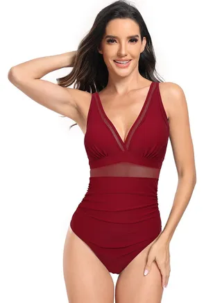 Women's Solid Color One Piece Swimsuit V-Neck Bathing Suits Wine Red 