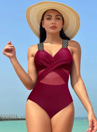 Women's Mesh Stitching One Piece Swimsuit V-Neck Wide Straps Bathing Suits Wine Red 