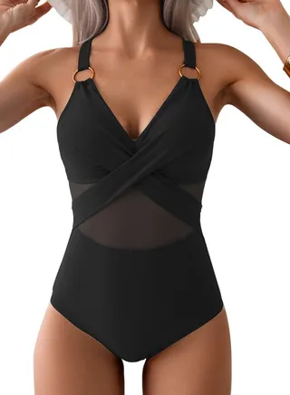 Women's Mesh Stitching One Piece Swimsuit V-Neck Metal Ring Straps Bathing Suits Black 