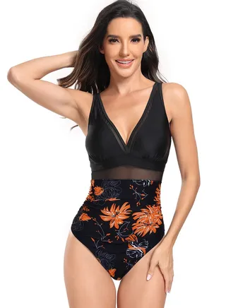 Women's Floral Printed One Piece Swimsuit V-Neck Bathing Suits Black 