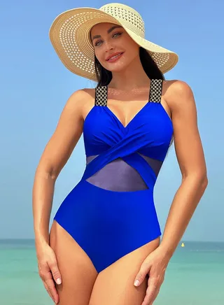 Women's Mesh Stitching One Piece Swimsuit V-Neck Wide Straps Bathing Suits Blue 