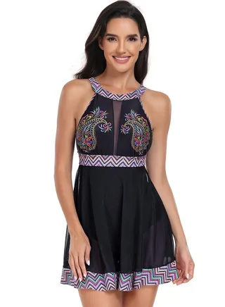 Womens Printed Swimsuits Tummy Control Swim Dress One Piece Swimwear Bathing Suits 
