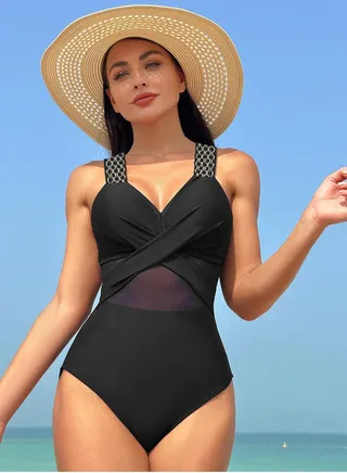 Women's Mesh Stitching One Piece Swimsuit V-Neck Wide Straps Bathing Suits Black 