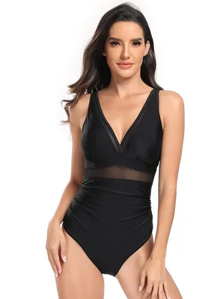 Women's Solid Color One Piece Swimsuit V-Neck Bathing Suits Black 