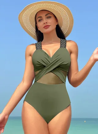 Women's Mesh Stitching One Piece Swimsuit V-Neck Wide Straps Bathing Suits Army Green 