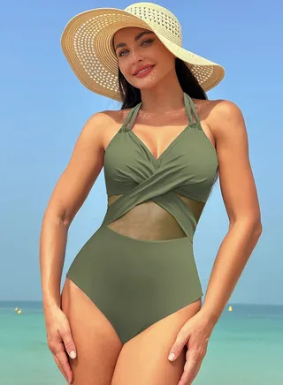 Women's Mesh Stitching One Piece Swimsuit Halter V-Neck Bathing Suits Army Green 