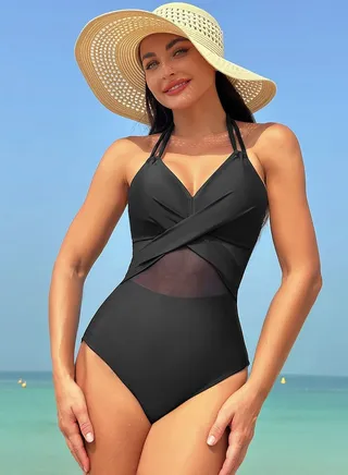 Women's Mesh Stitching One Piece Swimsuit Halter V-Neck Bathing Suits Black 