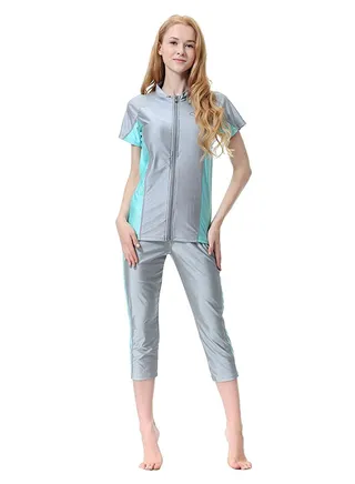 2-Pieces Padded Patchwork Modest Islamic Swimwear 1062919QQ Grey/Blue 