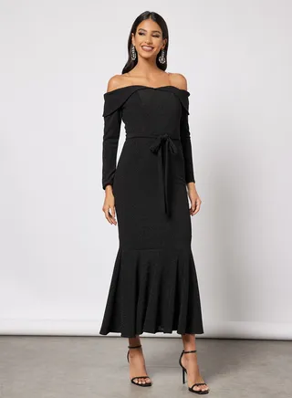Off Shoulder Bodycon With Flare Hem Dress 