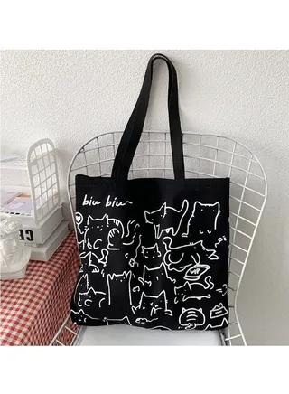 Cat Canvas Tote Bag, Large Cute Tote Bag for Women with Zip, Cotton Reusable Shopping Bag with Pocket, Shopper Bag Cat Lovers Gift 