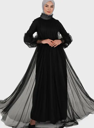 Balloon Sleeve Mesh Tiered Dress