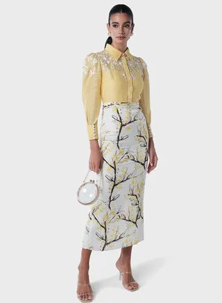 Embroidered Neck Printed Skirt Dress