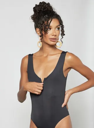 Zip-Up Neckline Swimsuit Black 