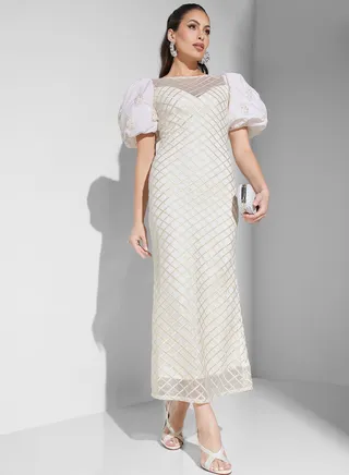 Balloon Sleeve Boat Neck Dress
