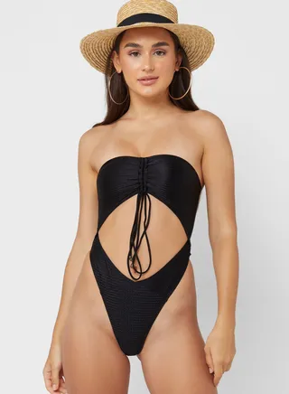 Bandeau Ruched Halter Cut Out Swimsuit 