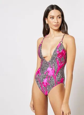 Printed Chain Detail Swimsuit Pink 