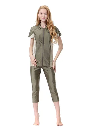 2-Pieces Padded Patchwork Modest Islamic Swimwear 1062919QQ Army Green 