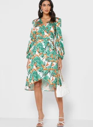 V-Neck Printed Wrap Dress 