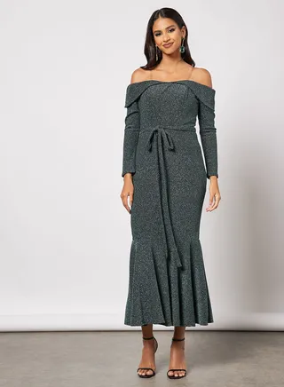 Off Shoulder Bodycon With Flare Hem Dress 