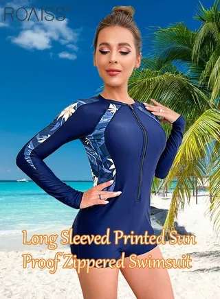Women's Printed One Piece Swimsuit Zip Closure for Easy on and off Stretch Slim Long Sleeved Shorts 