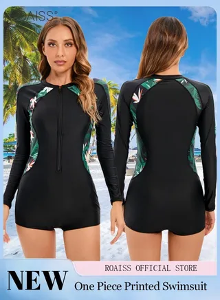Women's Printed One Piece Swimsuit Zip Closure for Easy on and off Stretch Slim Long Sleeved Shorts 