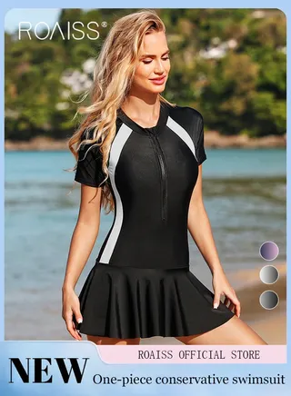 Women Short Sleeved Zippered One Piece Sport Swimwear Dress Faux Two Piece Design Quick Drying Fabric Moisture Wicking and Breathable Provides Coverage and Modesty without being Revealing 