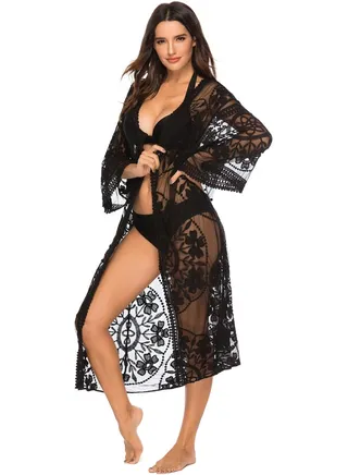Lace Semi-Sheer Open Front Cover-Up Black 