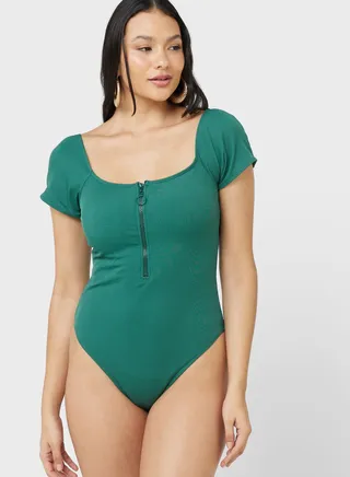 Short Sleeve Zippered Swimsuit 