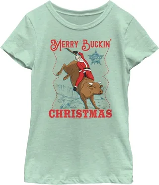 Girl's Professional Bull Riders Merry Buckin' Christmas T-Shirt - Mint - Small