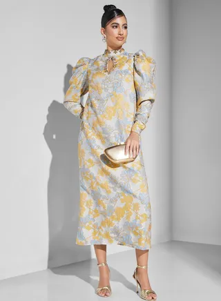 Keyhole Neck Puff Sleeve Printed Dress