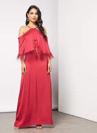 Fringe Detailed Overlay Dress Maroon 