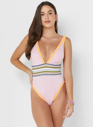 Plunge Neck High Leg Swimsuit 