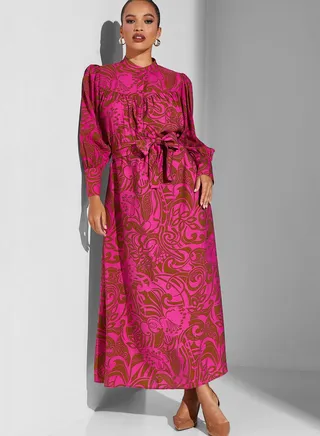 Floral Button Detail Belted Dress