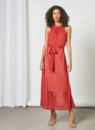 Halter Neck Belted Dress Brick Red 